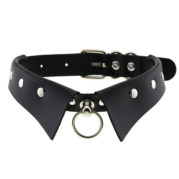 Black faux-leather bow-tie collar with silver studs, buckle, and front O-ring