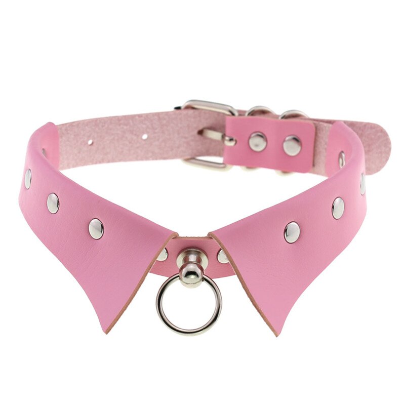Pink faux-leather bondage collar with a bow tie front and metal O-ring