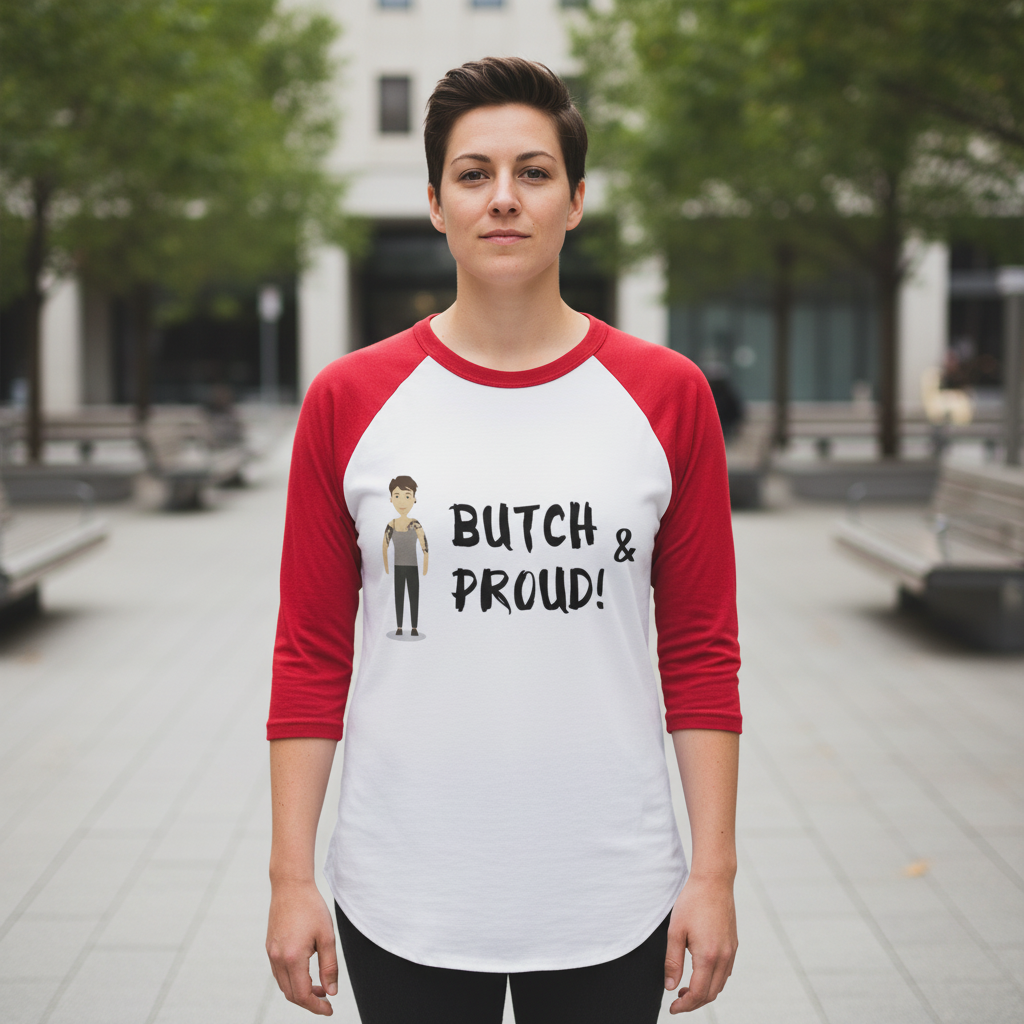 Butch & Proud 3/4 sleeve raglan shirt with a cartoon figure and bold "BUTCH & PROUD!" slogan, worn outdoors by a person
