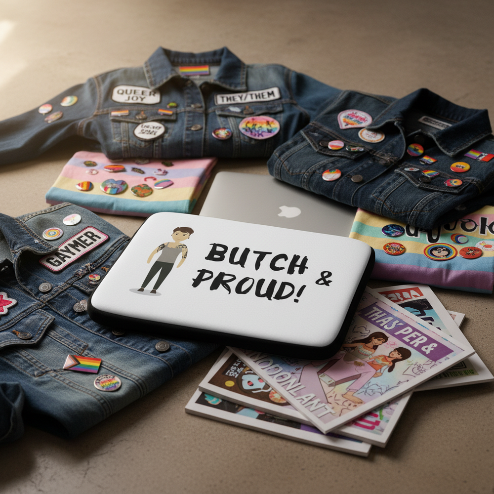 Butch & Proud Laptop Sleeve surrounded by denim jackets with LGBTQ+ patches, pronoun pins, pride flag, notebooks, comics