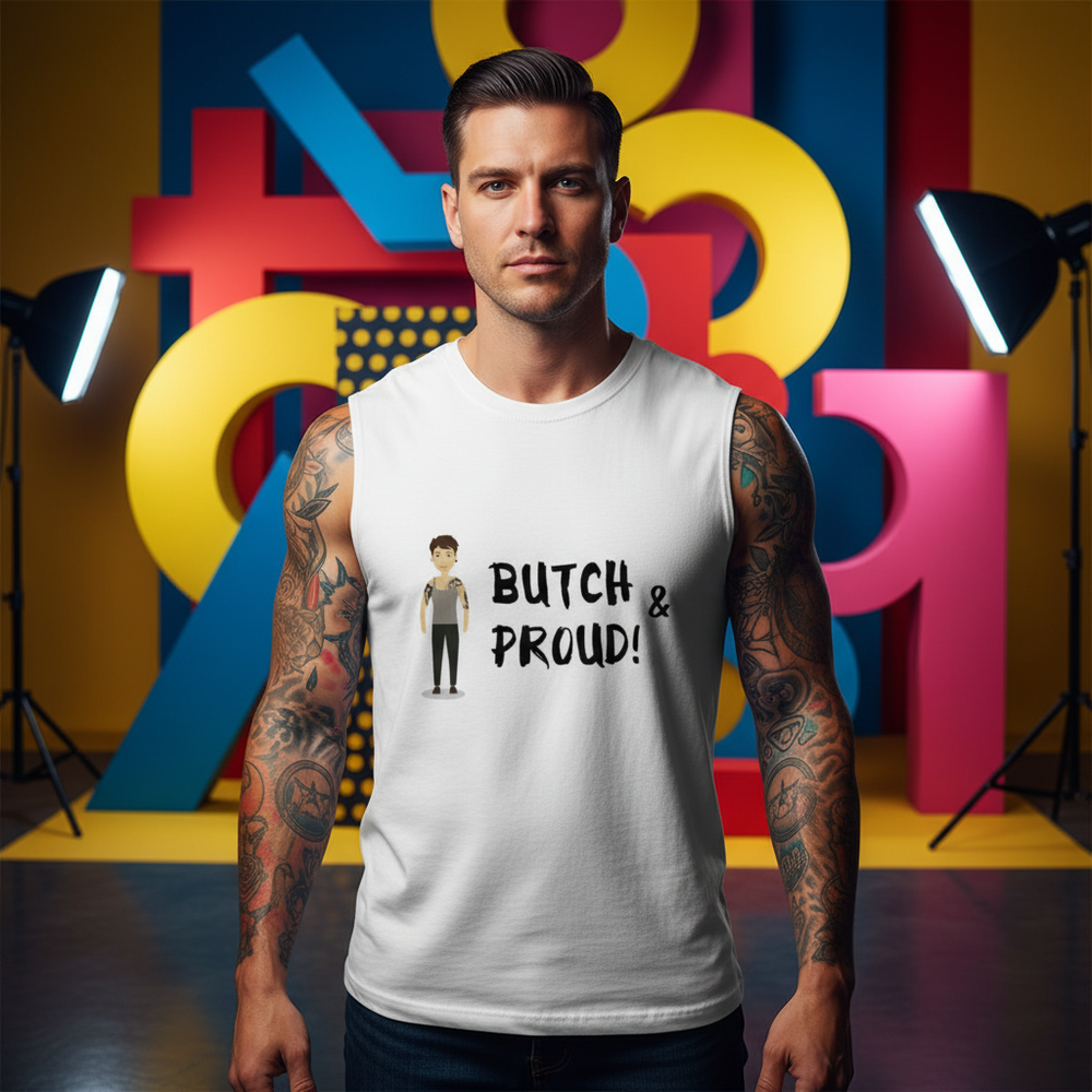 Butch & Proud Muscle Top, relaxed-fit unisex tank with "Butch & Proud!" and cartoon figure, worn by a tattooed model
