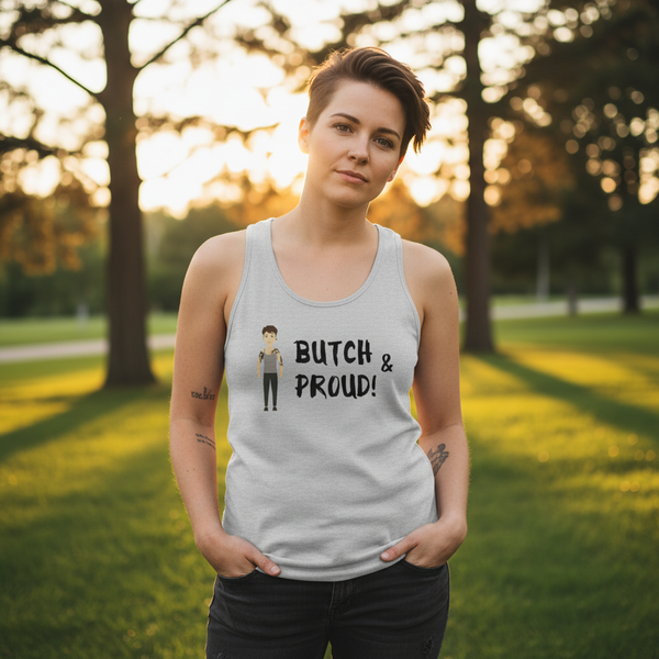 Gray Butch & Proud Unisex Tank Top with text and illustration