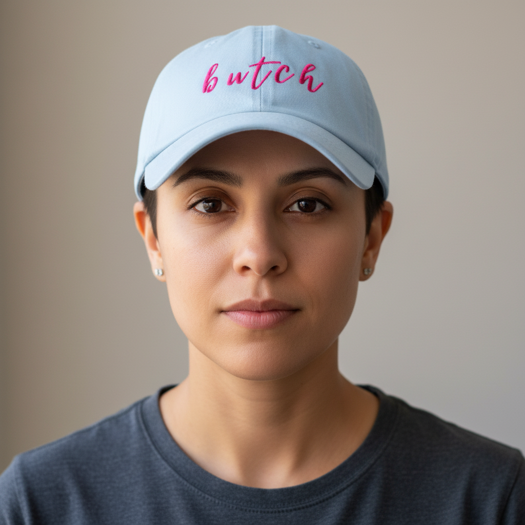 Light blue dad hat with "butch" in pink cursive, worn by someone with short dark hair, studs, and a dark gray tee.