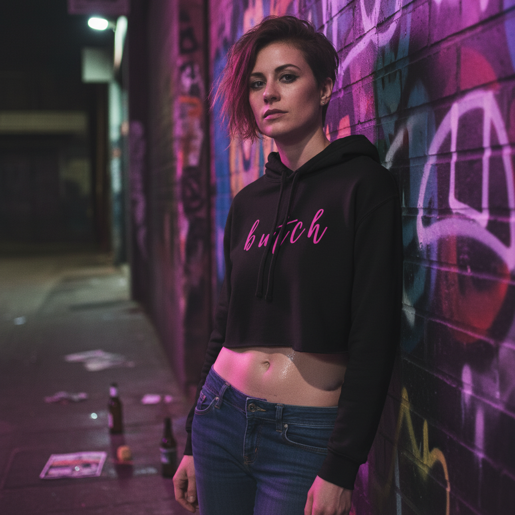 Butch Crop Hoodie on a short-haired person posing at night by a graffiti wall, lit by pink and purple lights