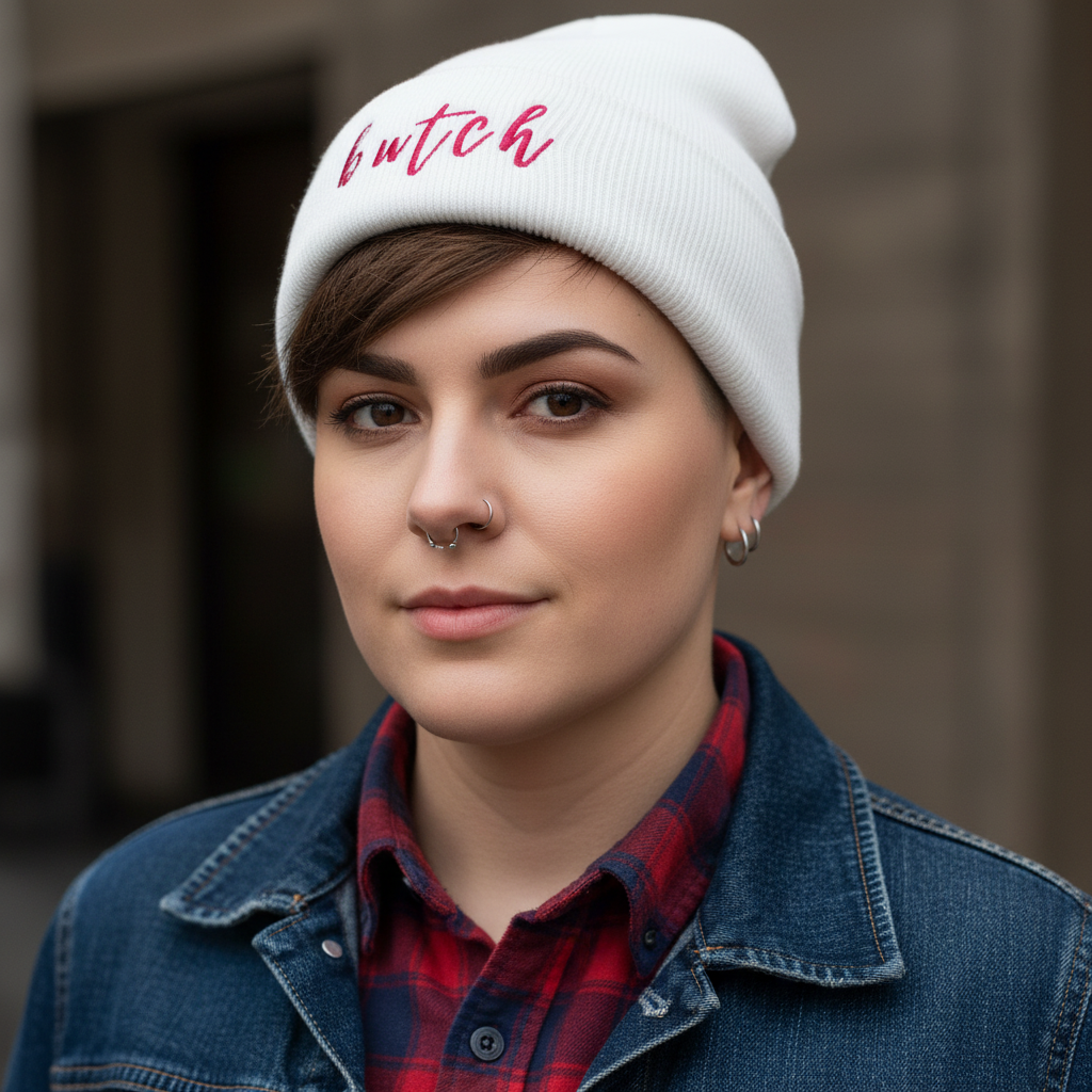 Butch Cuffed Beanie in white with red text, worn by a short-haired person in denim, red plaid, hoops, nose ring, outside.