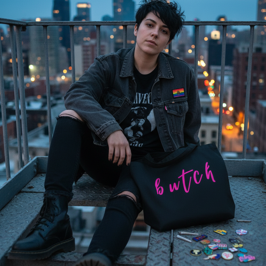 Black tote bag with pink “butch” lettering beside a seated person on a city rooftop