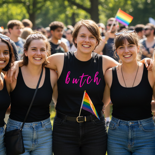 Black Butch Muscle Top with “butch” in pink, worn by a person center; all wear black tops, denim