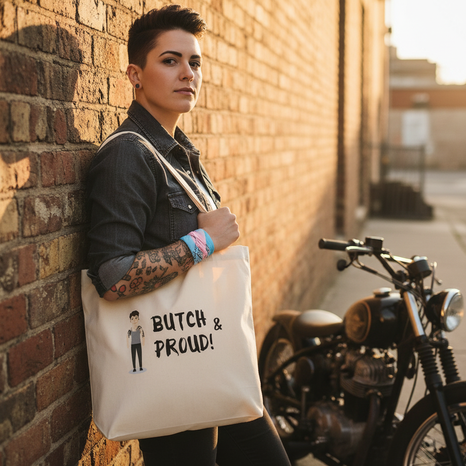 Person holding a cream tote printed with “BUTCH & PROUD!” beside a motorcycle
