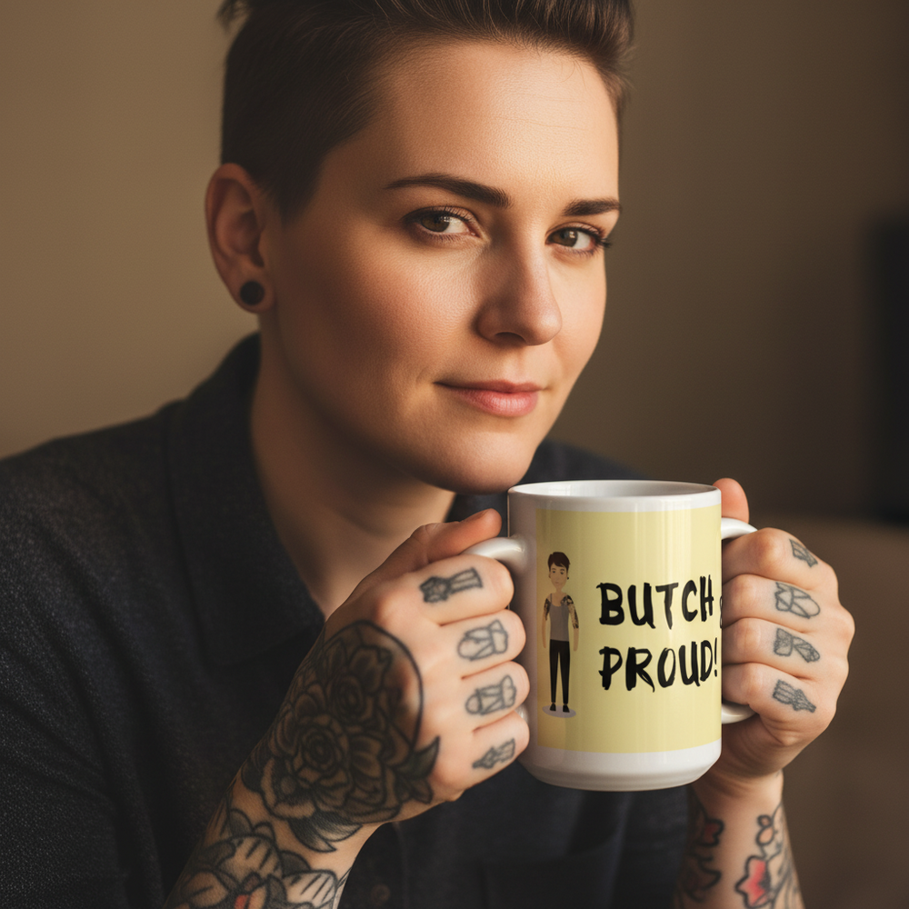 Tattooed person holds a cream mug labeled “BUTCH PROUD!” with a cartoon figure