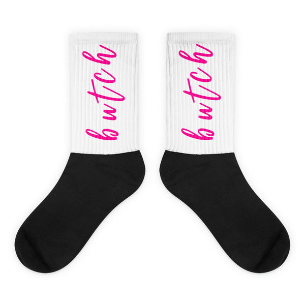 Butch Socks: Crew-length socks with black foot, white ribbed cuff, and bwtch. in bright pink cursive