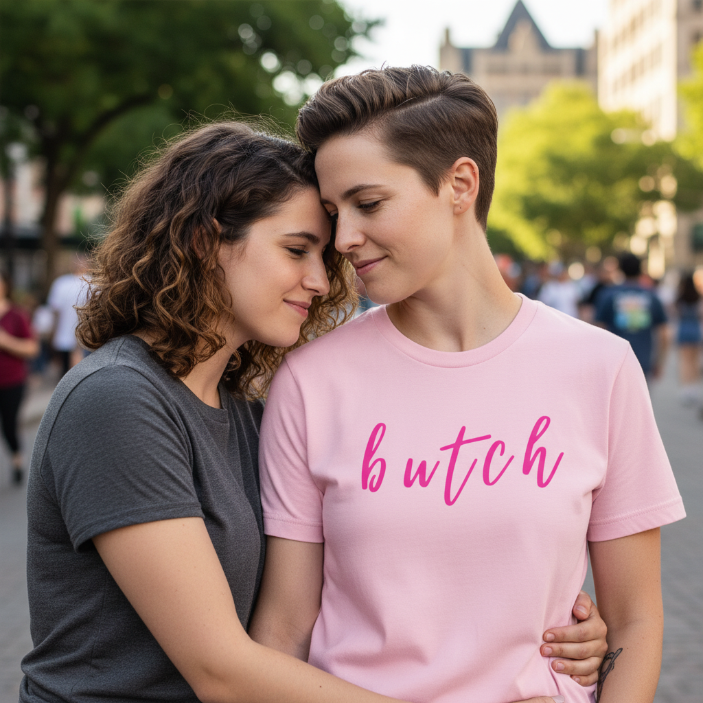 Pink unisex “butch” pride T-shirt and gray tee worn by two people embracing