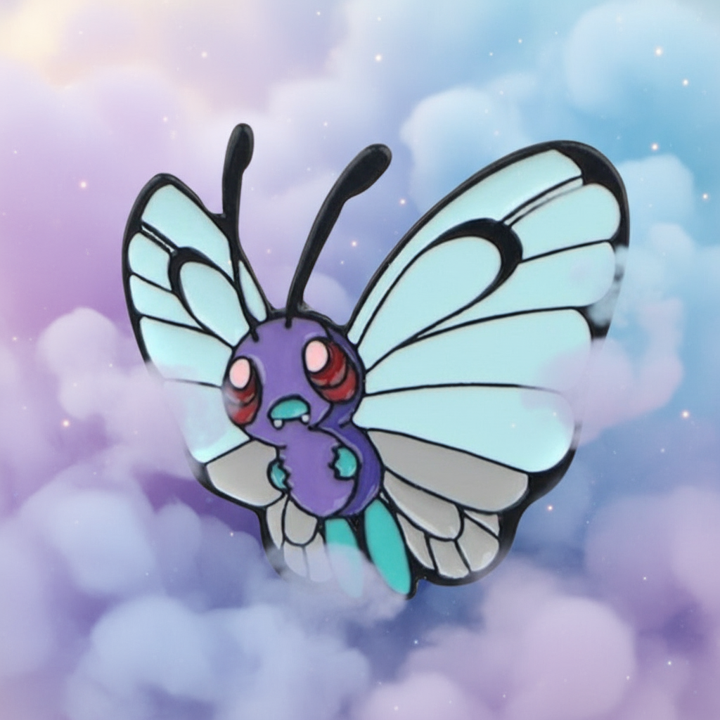 Butterfree enamel pin with pale blue wings and a purple body against a pastel cloud background