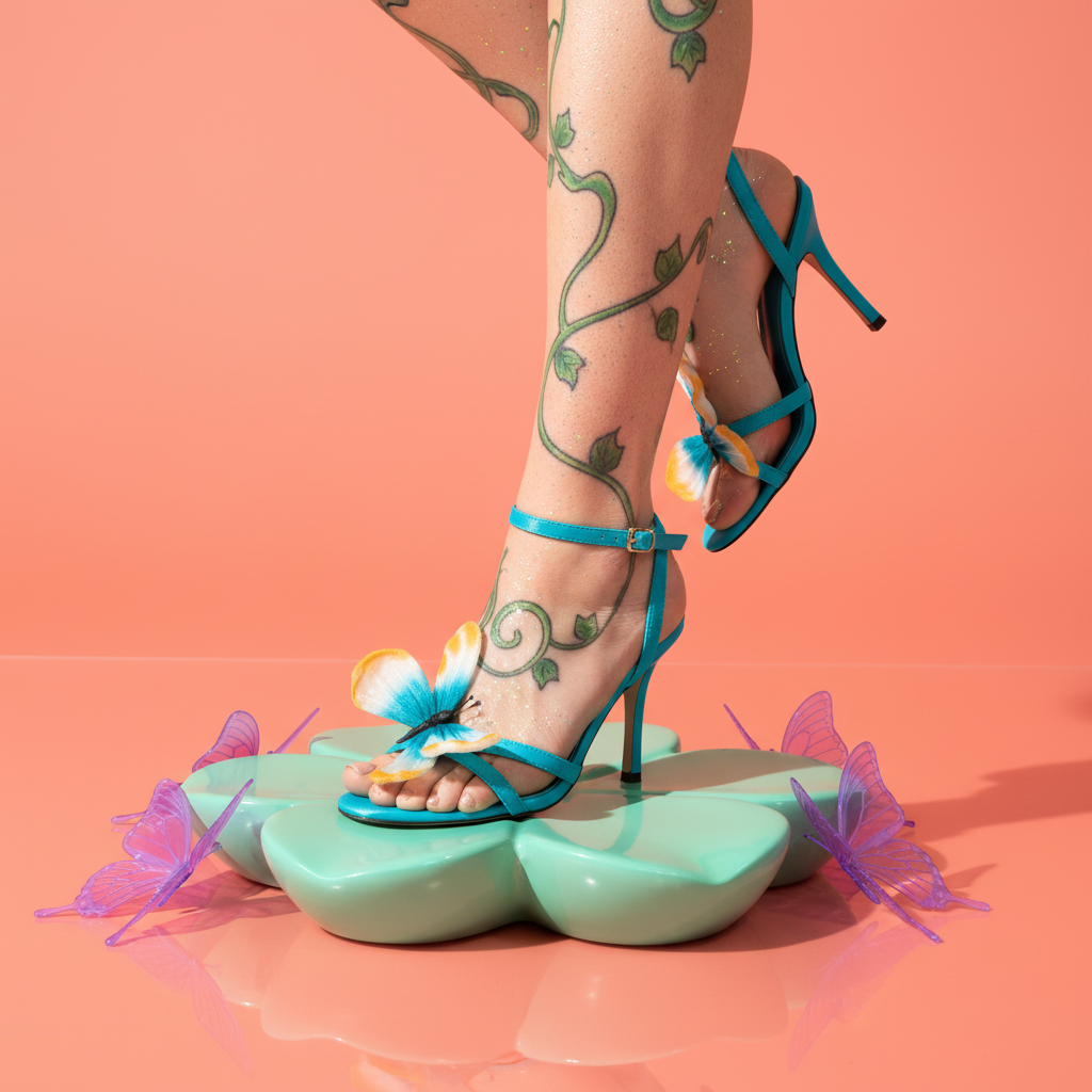 Butterfly Bliss Summer Sexy Sandals in teal on a vine-tatted leg, mint-green flower platform