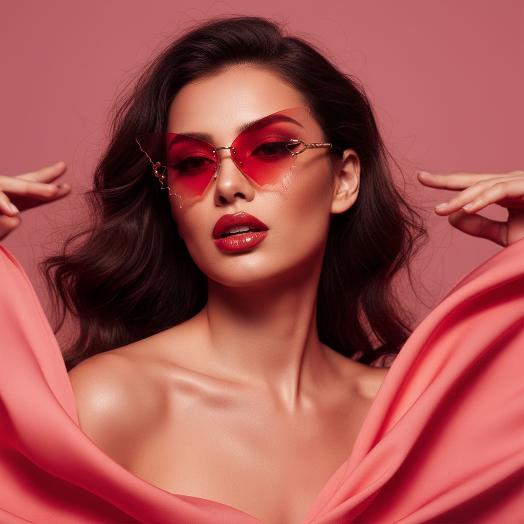 Person with wavy brown hair, in silky pink fabric, poses confidently in Butterfly Rimless Sunglasses and glossy lipstick on