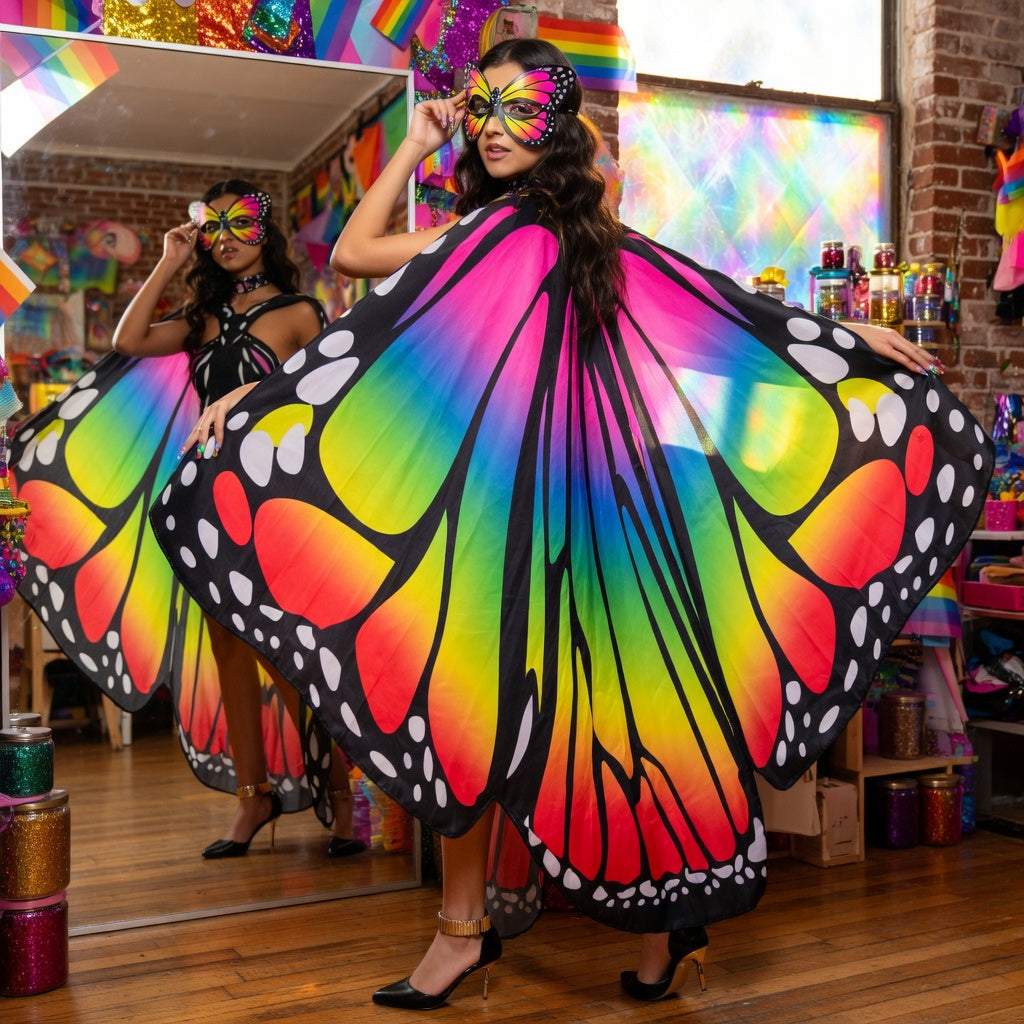 Butterfly Wings and Eye Mask Costume with rainbow wings and mask; model in a queer, glittery room with heels and streamers