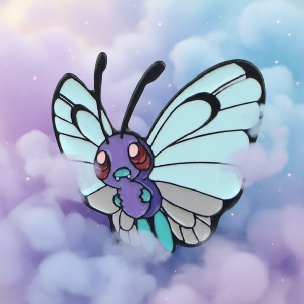 Butterfree enamel pin with pale blue wings and a purple body against a pastel cloud background