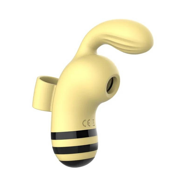 Yellow bee-themed clitoral vibrator shown at an angle on a white background