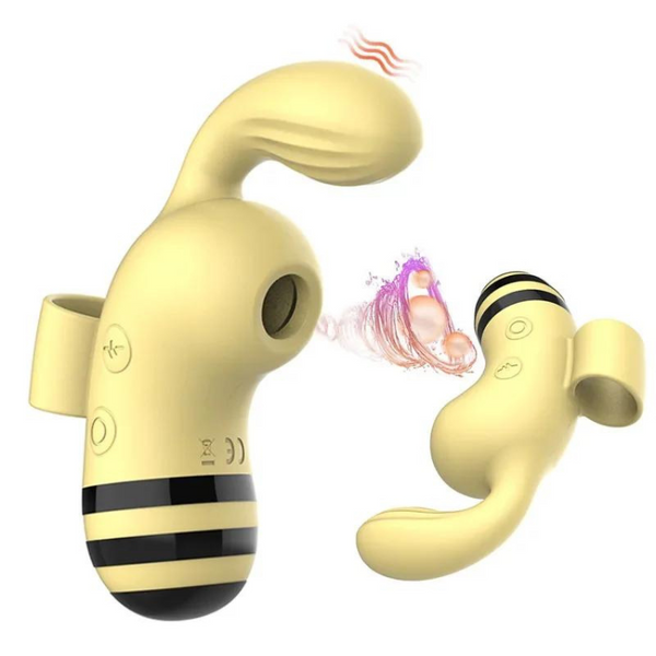 Two yellow-and-black bee-themed vibrators, one shown close up with a curved stimulator arm