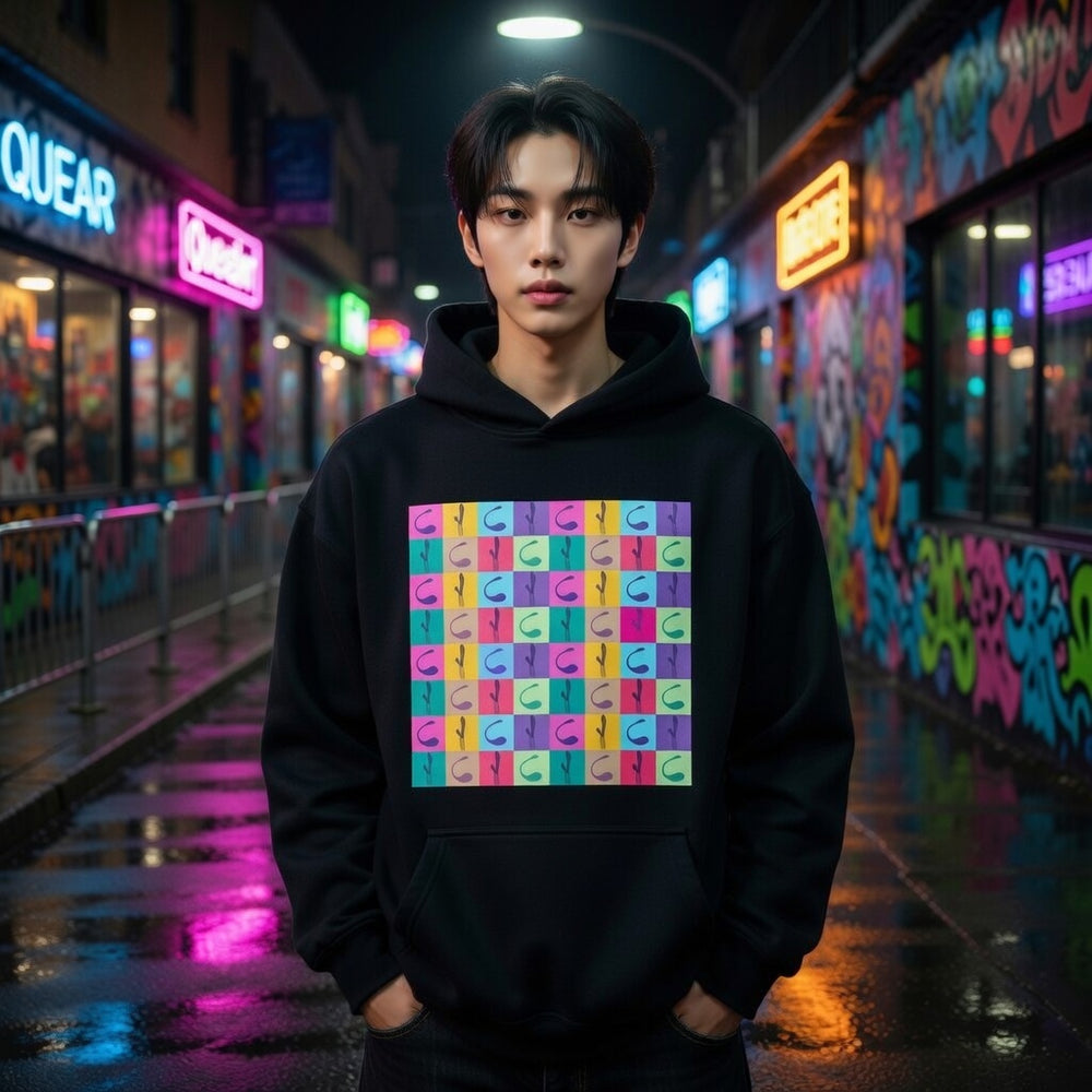 Vibrator Pop Art Unisex Hoodie with bright geometric print, worn by a young man in a neon-lit, rain-soaked queer city alley.
