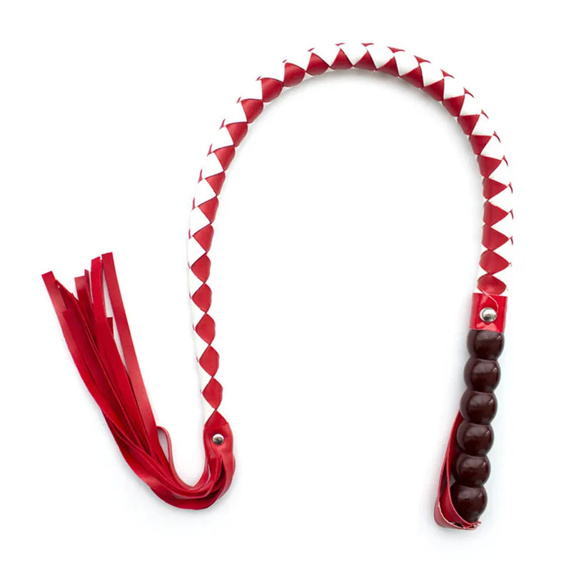 Red-and-white braided flogger with red tails and a dark rounded bead handle, shown on white