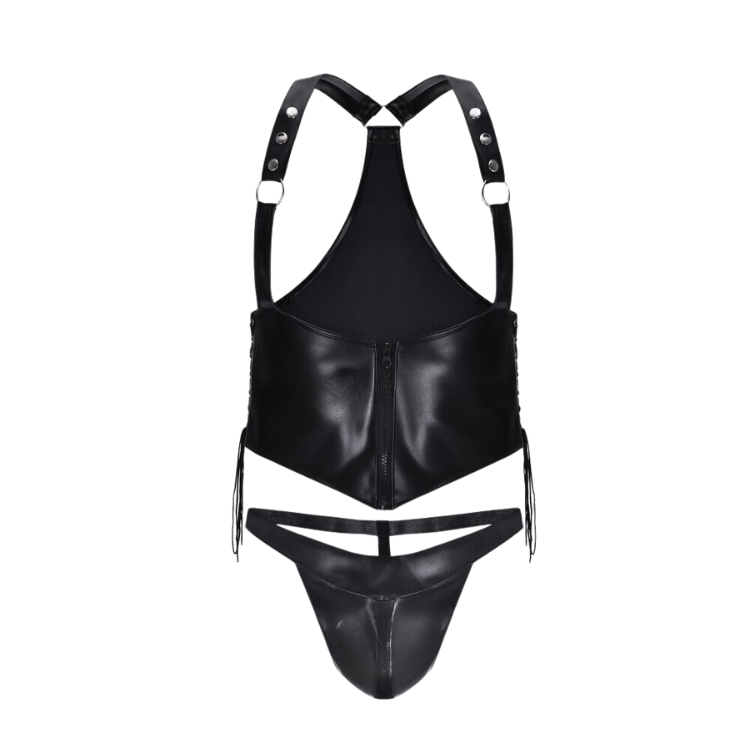Front-facing black faux-leather harness vest and matching g-string arranged on a white background