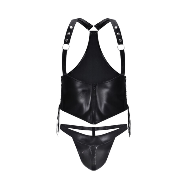 Front-facing black faux-leather harness vest and matching g-string arranged on a white background