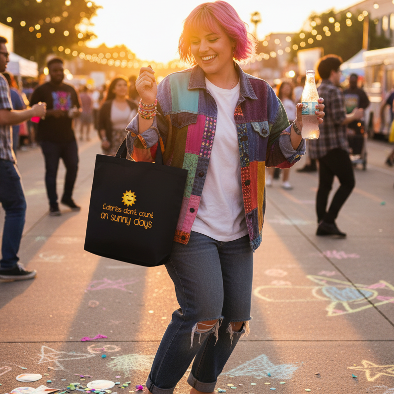 Pink-haired person holding a black tote reading “Calories don't count on sunny days”