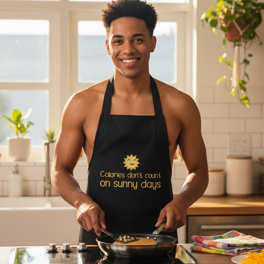 Smiling person wearing a black “Calories don't count on sunny days” apron while cooking