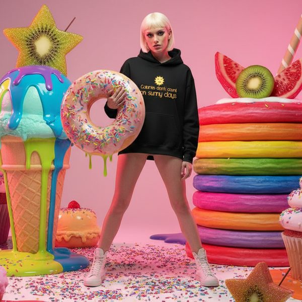 Model wearing a black “Calories don't count on sunny days” hoodie in a candy-themed set