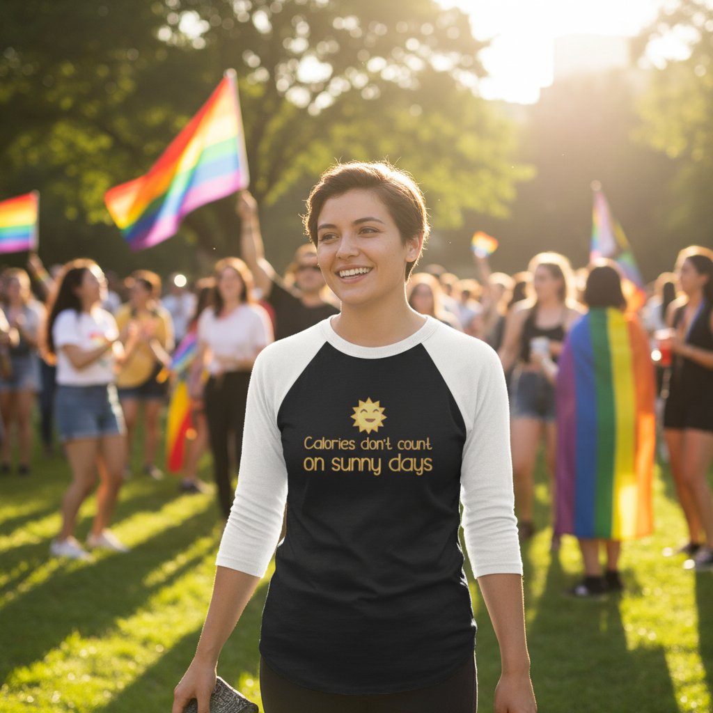 3/4 sleeve raglan shirt says "Calories Don't Count On Sunny Days"; queer person grins at Pride, rainbow flags waving behind.