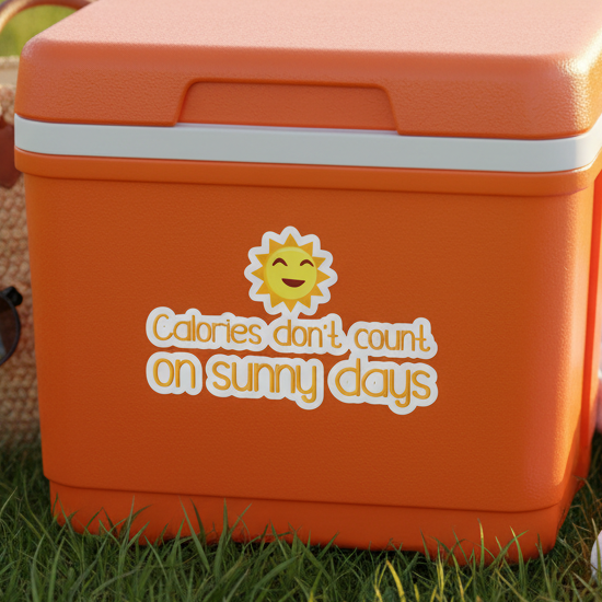 Orange cooler on grass decked out with "Calories Don't Count On Sunny Days" stickers and a cute yellow sun, plus bag