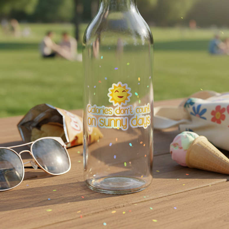 Calories Don't Count On Sunny Days holographic stickers with a smiling sun and rainbow shimmer