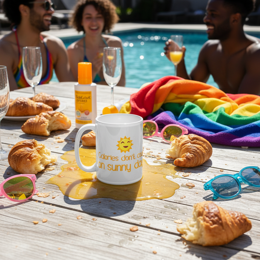 White mug reading “Calories don't count on sunny days” beside croissants by a pool