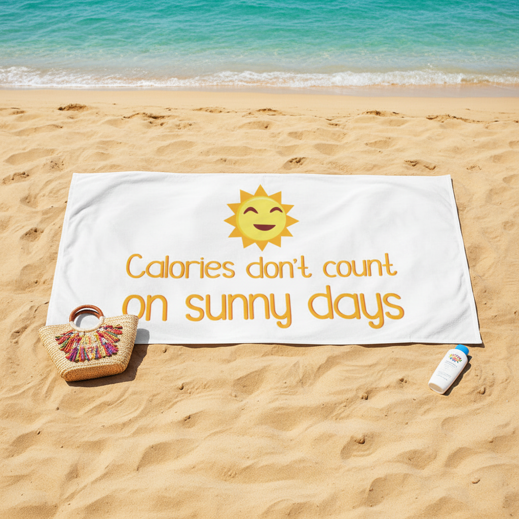 Beach towel with “The Calories Don't Count On Sunny Days” slogan, smiling sun, pink bag, shades