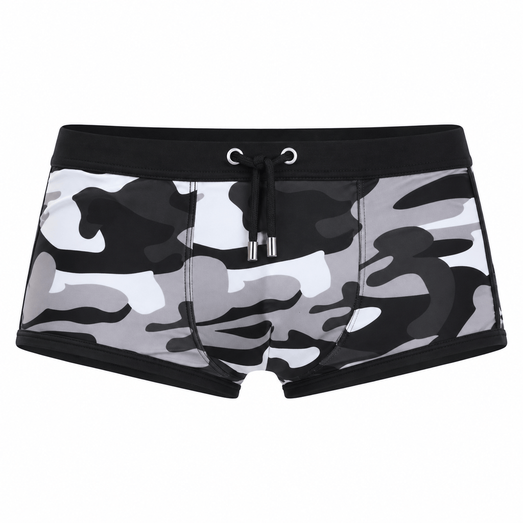 Black, gray, and white camouflage swim shorts with drawstring waistband
