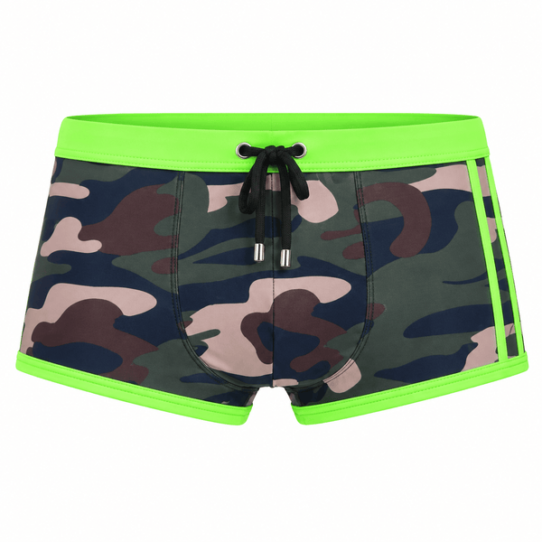 Camo swim shorts with bright neon green waistband, trim, and black drawstring