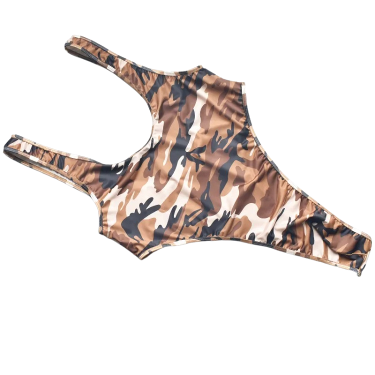 Flat-lay view of a tan, brown, and black camouflage one-piece thong bodysuit