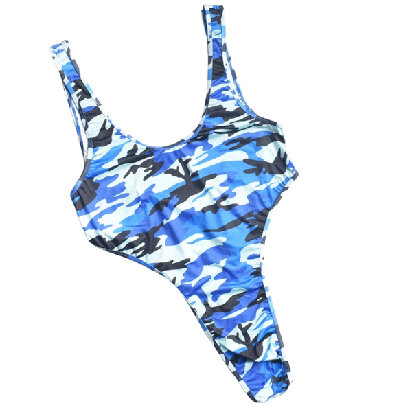 Flat-lay blue camouflage bodysuit with scoop neck, shoulder straps, and high-leg thong cut