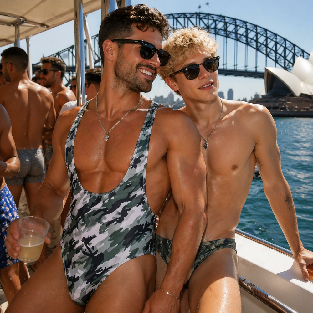 Person wearing a gray-green camouflage bodysuit on a sunny boat deck
