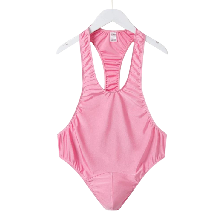 Front view of a shiny pink high-cut thong bodysuit on a white hanger