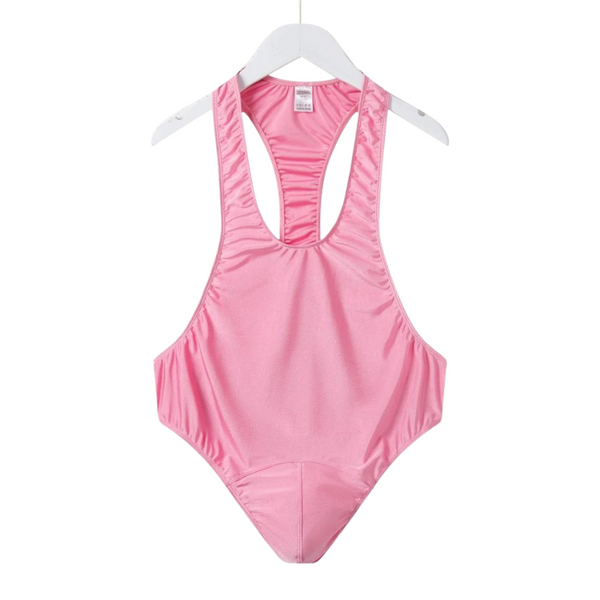 Front view of a shiny pink high-cut thong bodysuit on a white hanger