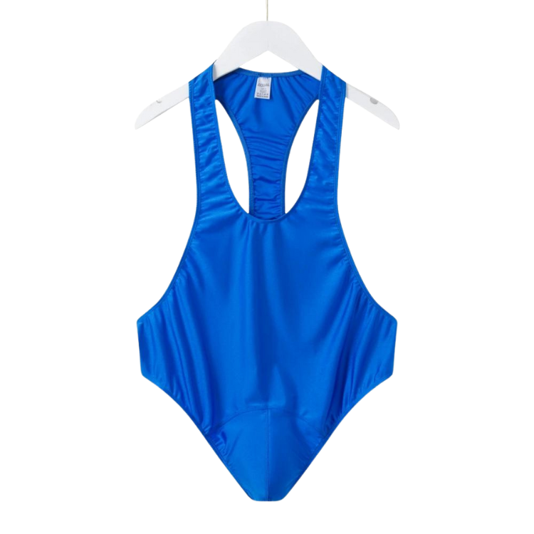 Bright blue shiny thong-style bodysuit hanging front-facing on a white hanger