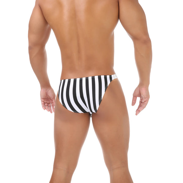 Rear view of a model wearing black-and-white striped pouch briefs