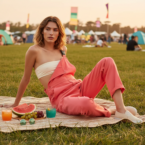 Model reclining on a picnic blanket in coral-pink overalls with one strap undone