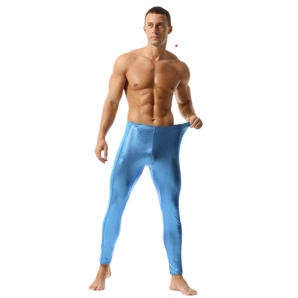 Front-view model holding out shiny blue stretch leggings