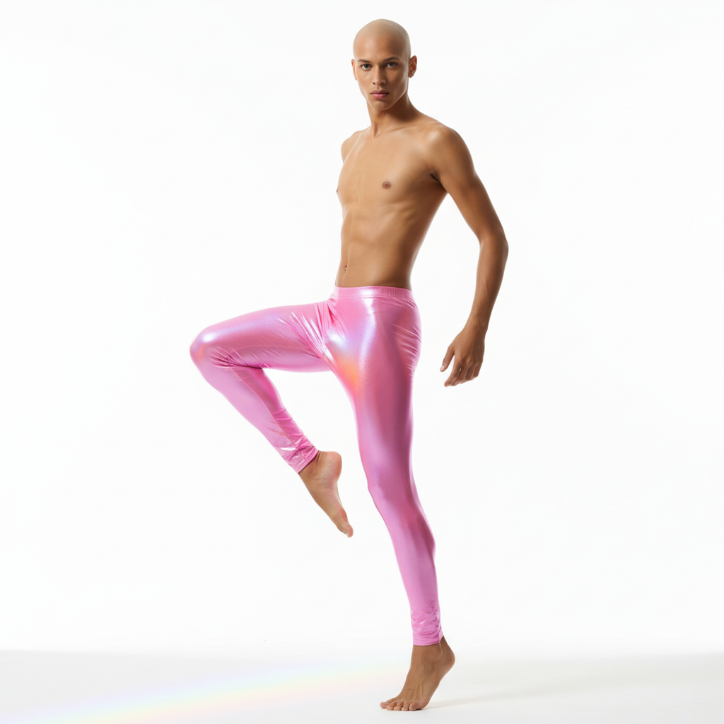 Model in a three-quarter pose wearing shiny pink full-length leggings, one leg raised
