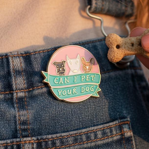 “CAN I PET YOUR DOG” enamel pin with three cartoon cats on a denim pocket