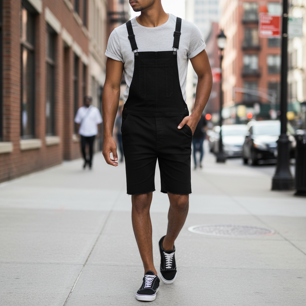 Front view of a person wearing black bib overalls with shorts and a large chest pocket