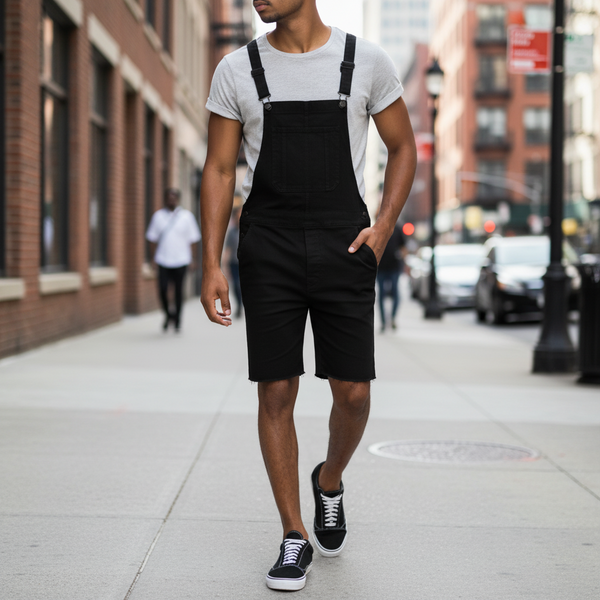 Front view of a person wearing black bib overalls with shorts and a large chest pocket