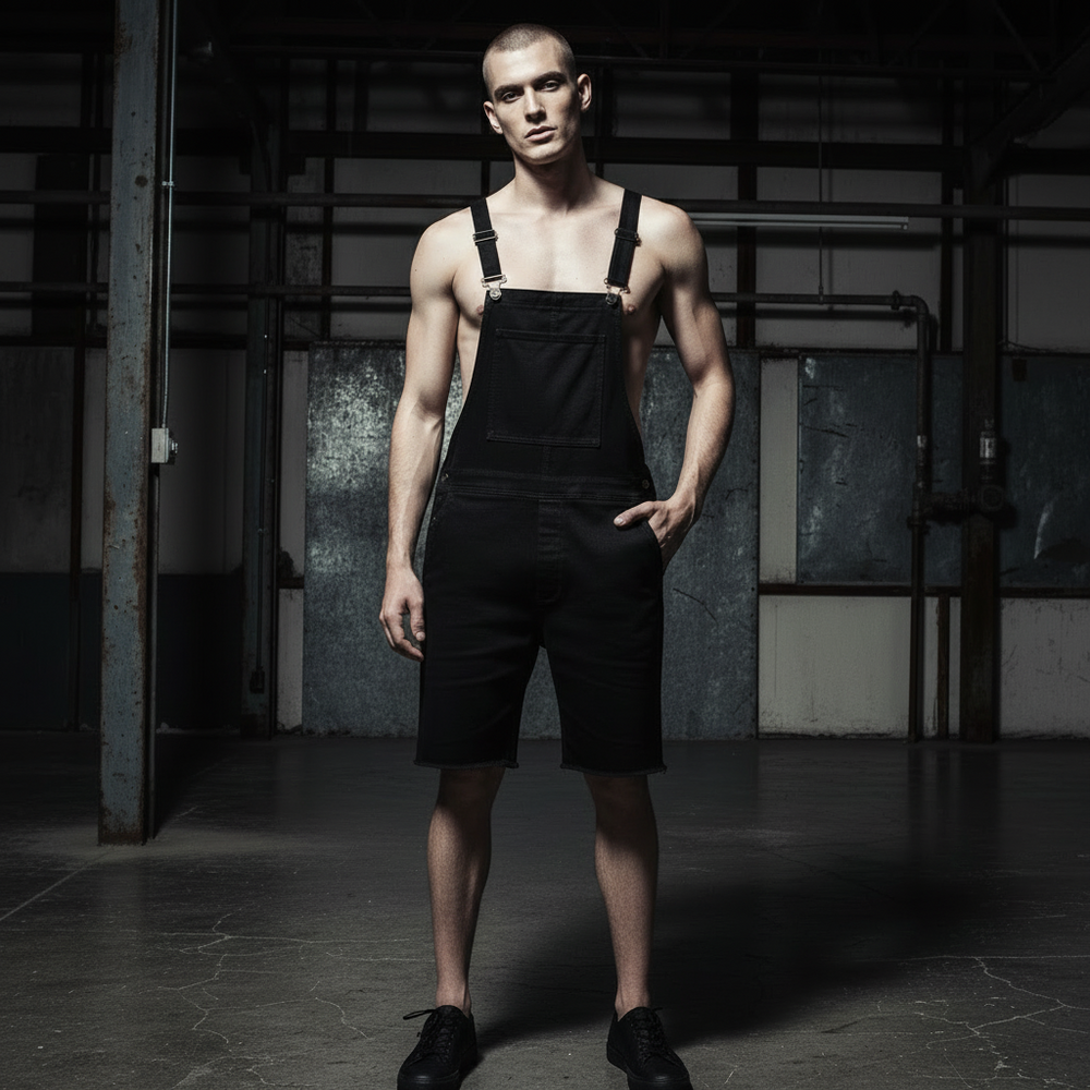 Front-facing model wearing black bib-style cargo shorts overalls in an industrial interior